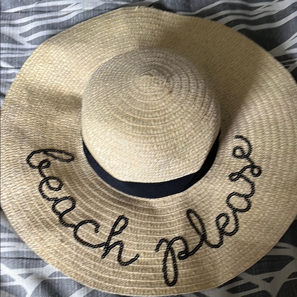 Beige Wide Brim Sun Hat with Black Embroidery